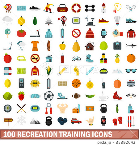 100 recreation training icons set, flat style 35392642