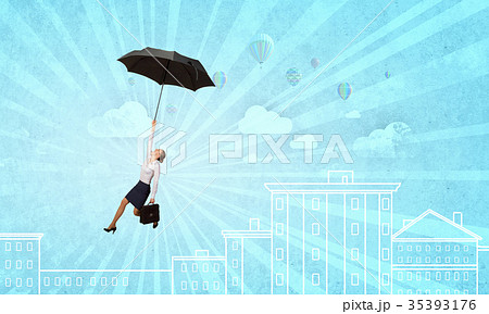 Woman fly on umbrella Woman fly on umbrella 35393176