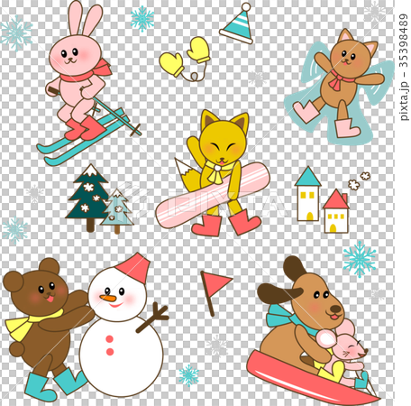 雪山で遊ぶ動物たち 35398489