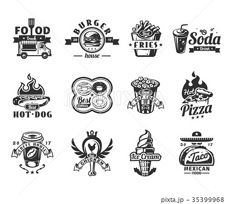 Set of black fast food icons, badges 35399968