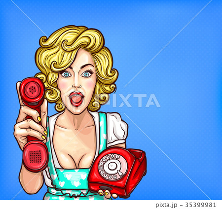 Pop art blonde girl with a retro phone surprised 35399981