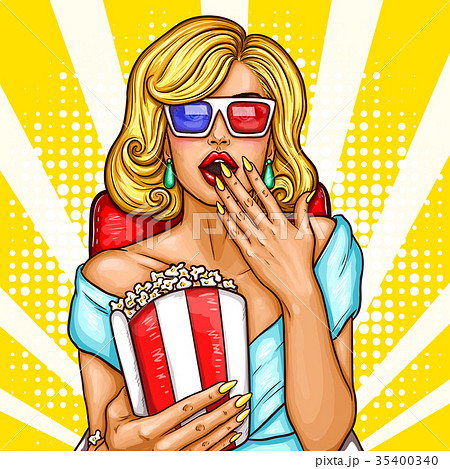 pop art excited blond woman sitting in the 35400340