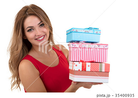 Portrait of casual young happy smiling woman hold Portrait of casual young happy smiling woman hold 35400935