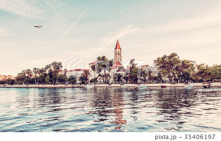 Trogir with Cathedral of St. Lawrence and airplane 35406197