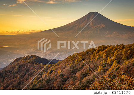 紅葉の三つ峠と富士山 早朝 紅葉の三つ峠と富士山 早朝 35411576