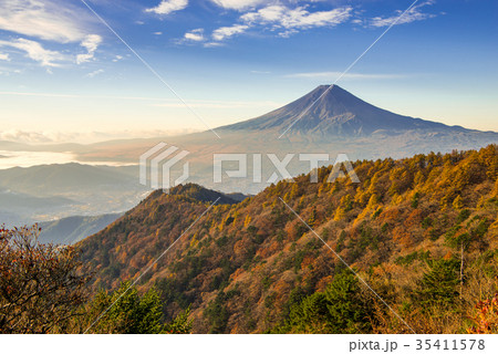 紅葉の三つ峠と富士山 早朝 35411578