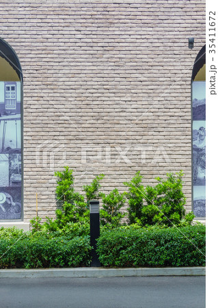 Street with brick wall background and green tree 35411672