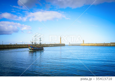Classic boat on Whitby harbour in Whitby abbey 35413710