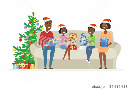 Happy African family open Christmas presents - Happy African family open Christmas presents - 35415413