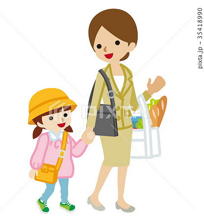 手を繋いで歩く母親と娘 幼稚園 お迎えのイラスト素材 35418990 Pixta