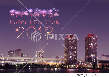 2018 Happy new year firework atTokyo city , Japan 2018 Happy new year firework atTokyo city , Japan 35420772