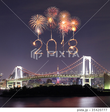 2018 Happy new year firework with bridge, japan 2018 Happy new year firework with bridge, japan 35420777