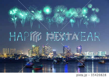 Happy new year firework with Pattaya cityscape Happy new year firework with Pattaya cityscape 35420828