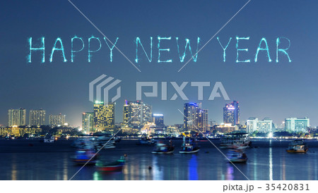 Happy new year firework with Pattaya cityscape  35420831