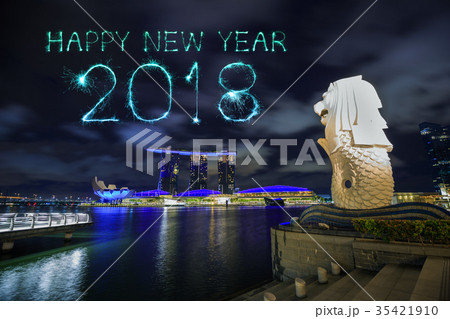 2018 Happy new year firework with city, singapore 35421910