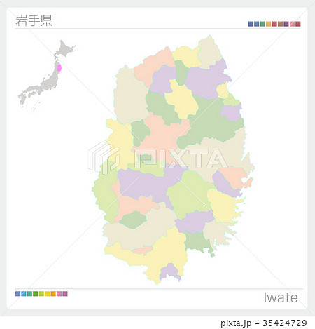 岩手県の地図（市町村・色分け） 35424729