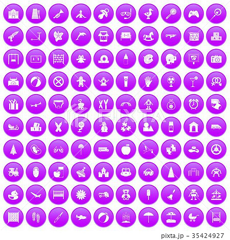 100 childhood icons set purple 35424927