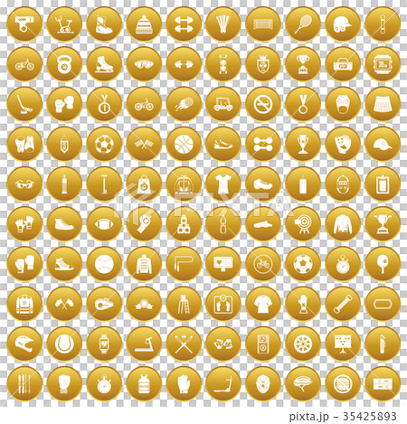 100 sport accessories icons set gold 35425893