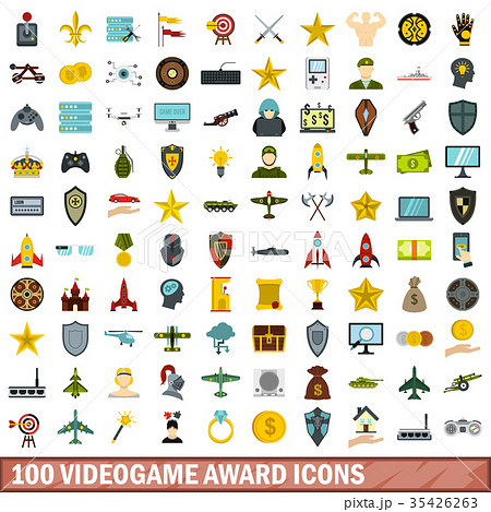 100 videogame award icons set, flat style 35426263