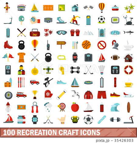 100 recreation craft icons set, flat style 35426303