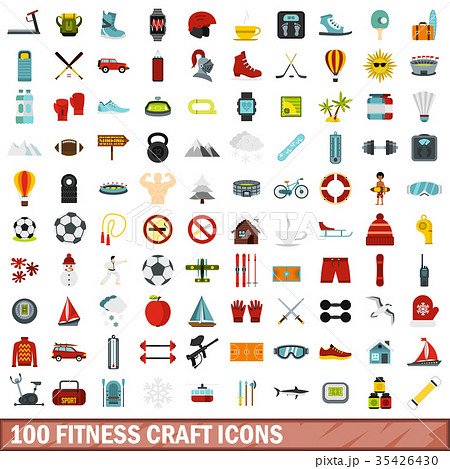100 fitness craft icons set, flat style 35426430