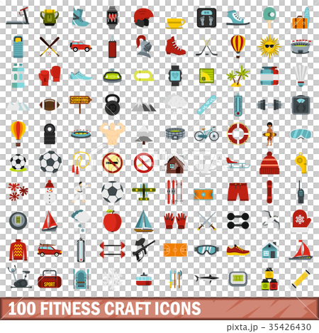 100 fitness craft icons set, flat style 35426430