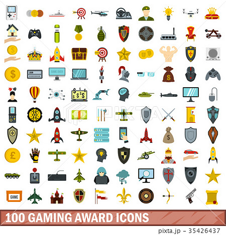 100 gaming award icons set, flat style 35426437
