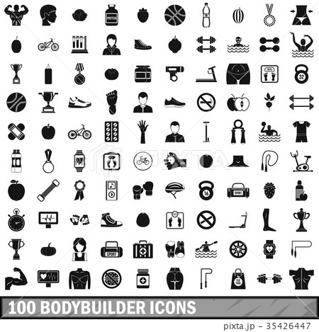 100 bodybuilder icons set, simple style 35426447