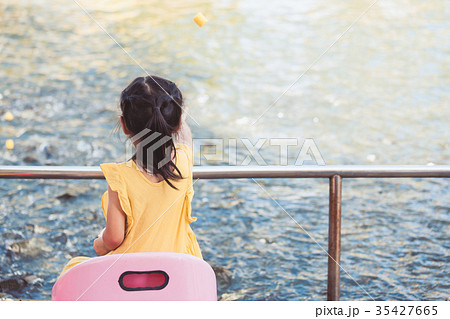 child girl having fun feed and give food to fish child girl having fun feed and give food to fish 35427665