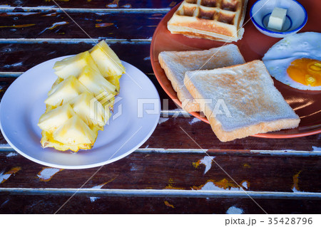breakfast set of hotel in Thailand on wooden table 35428796