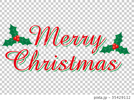 赤い筆記体のメリークリスマスのロゴ ヒイラギのイラスト 柊 Merry Christmas Logoのイラスト素材