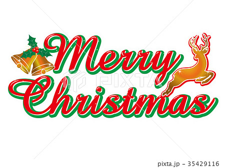 赤い筆記体のメリークリスマスのロゴ ベルとトナカイ Merry Christmas Logoのイラスト素材