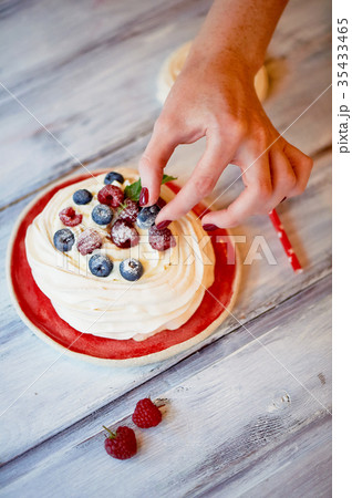 Dessert Anna Pavlova with raspberries and 35433465