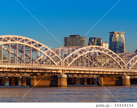 夕日に照らされた十三大橋と大阪キタの街並み 夕日に照らされた十三大橋と大阪キタの街並み 35434154