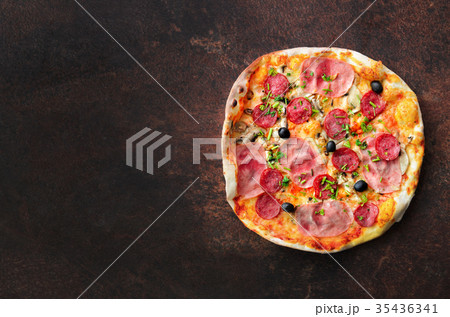 Homemade pizza. Top view with copy space on dark 35436341