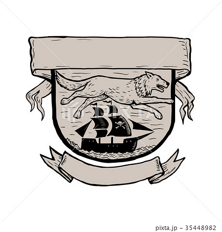 Wolf Running Over Pirate Ship Crest Scratchboard 35448982