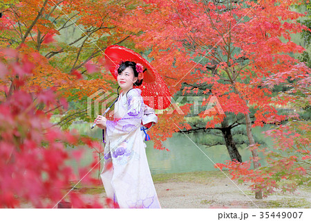 成人前撮りのイメージ素材 振袖を着たかわいい日本人女性の晴れ着姿 秋の紅葉の写真素材