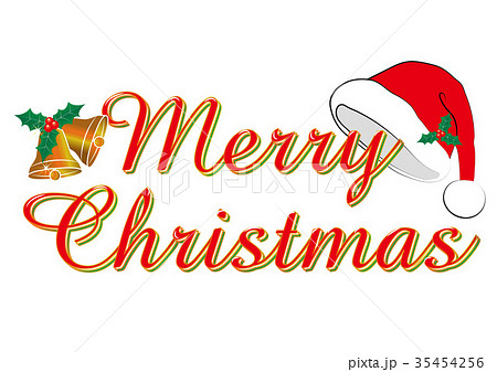 筆記体のメリークリスマスのロゴ サンタの帽子のイラスト 柊 Merry Christmas Logoのイラスト素材