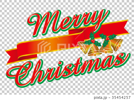 筆記体のメリークリスマスのロゴ リボン ベル Merry Christmas Logoのイラスト素材