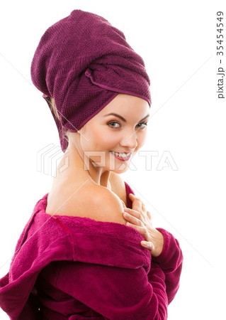 Happy smiling woman in purple bathrobe 35454549