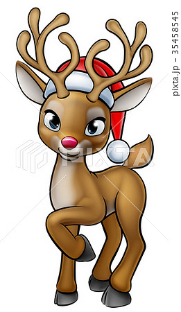 Cartoon Christmas Reindeer Wearing Santa Hat - Stock Illustration  [35458545] - PIXTA