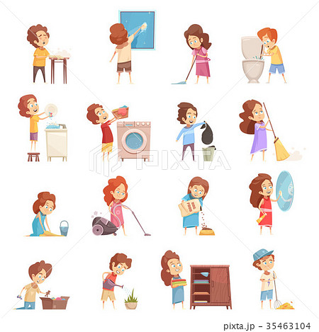Kids Cleaning Cartoon Icons Set 35463104