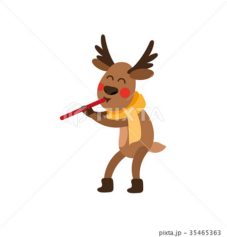 Funny Christmas reindeer character playing flute 35465363
