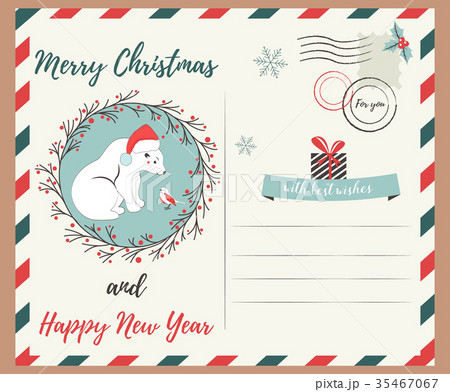 Holiday greeting postcard with polar bear and bird 35467067