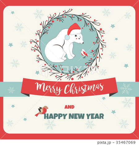 Holiday greeting postcard with polar bear and bird Holiday greeting postcard with polar bear and bird 35467069