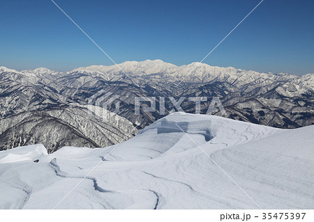 〔福井県大野市・2月〕荒島岳　荒島岳山頂からの眺望　シュカブラ越しの白山連峰（中央上：白山、別山） 35475397