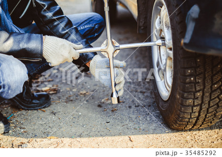 man changing wheel on a car man changing wheel on a car 35485292