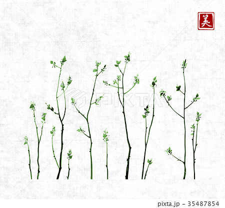 Tree branches with fresh green leaves on rice 35487854
