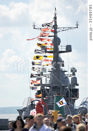 holiday flags on Russian warship and the people 35489785