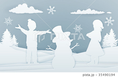 Children Building Snowman Paper Art Style 35490194